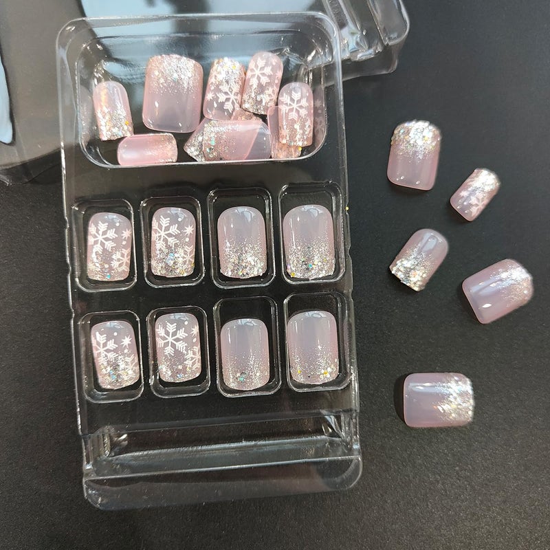 OSTTMA 24Pcs Christmas Snowflake Press on Nails Short Square Fake Nails Winter False Nails with Snowflakes Designs Sparkly Xmas Acrylic Nail Full Cover Glue on Nails for Women Christmas Nail Art Decoration - Image 3